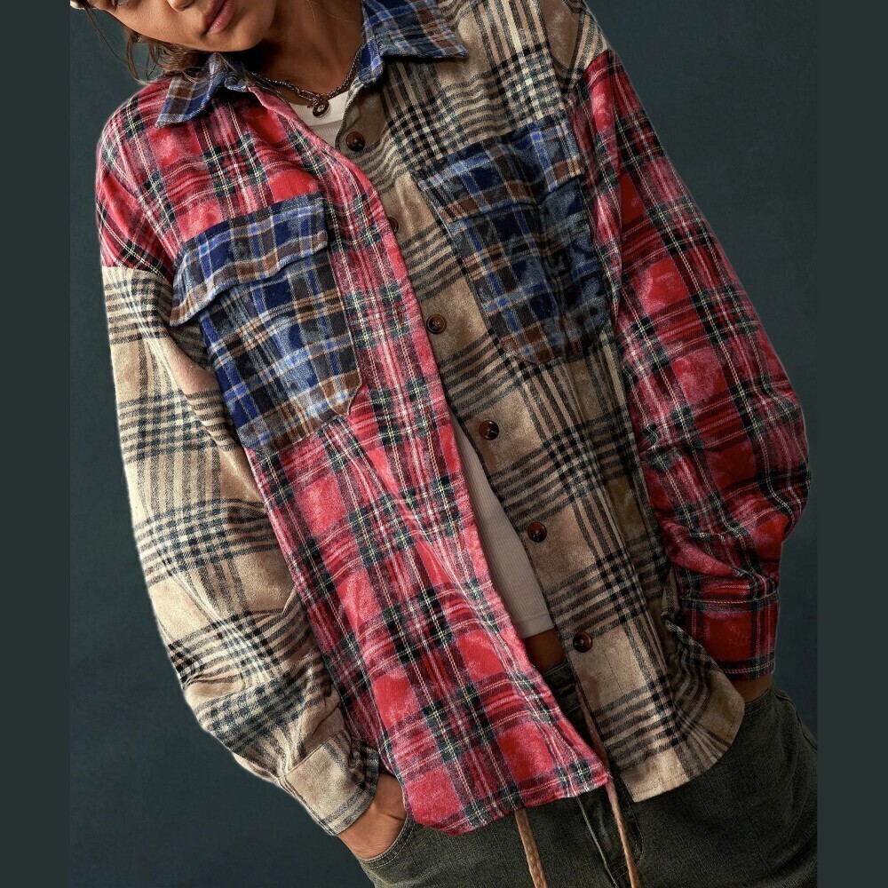 Colorblock Plaid Button Front Oversized Shirt Jacket